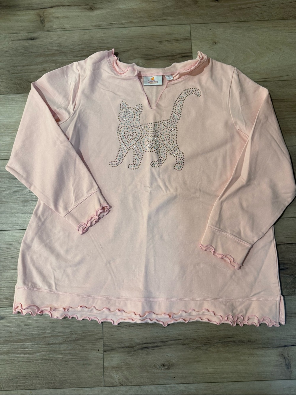 Quacker Factory Pink Rhinestone Cat Top 1X Cottagecore Whimsy